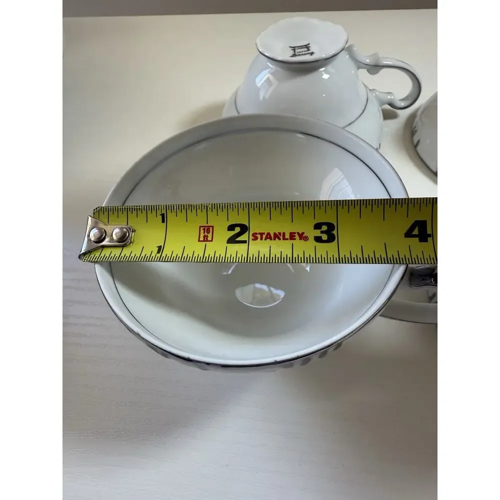 Barony collection by Fine China of Japan Tea Cups White Silver Rim Gray 3.5